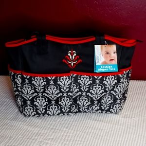 Baby Essentials Designer Inspired Fashion Print Diaper Tote Bag (Black and Red)